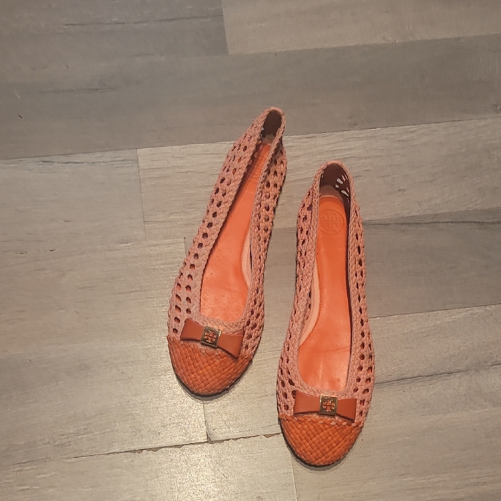 Tory Burch Carlyle Leather Woven Bow Ballet Flats in Coral Size 8.5 Women